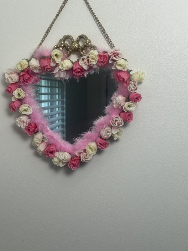 Erzulie Freda Mirror - Heart Shaped with Pink and White Floral Decorations Hanging Chain Included - Image 2