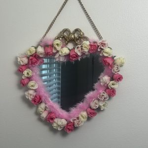 Erzulie Freda Mirror - Heart Shaped with Pink and White Floral Decorations Hanging Chain Included