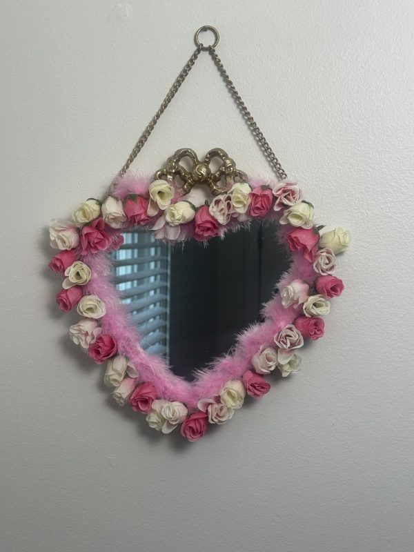 Erzulie Freda Mirror - Heart Shaped with Pink and White Floral Decorations Hanging Chain Included