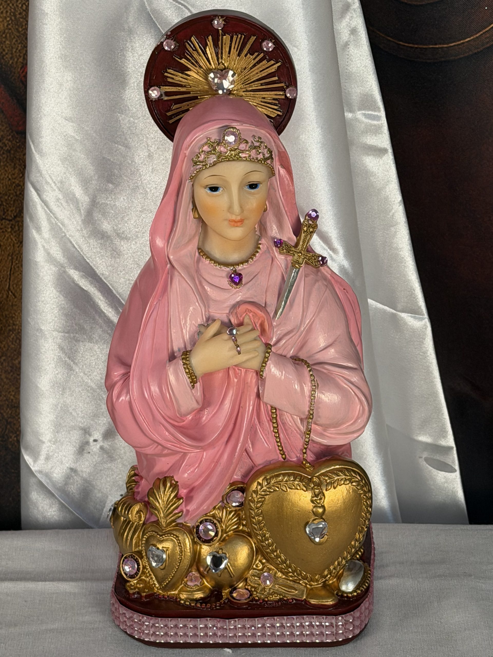 Erzulie Freda/Our Lady of Sorrows Pink With Gems Statue 11 Inches